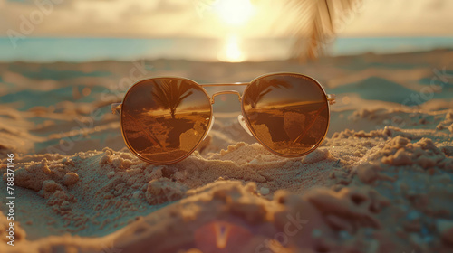 Embrace the summer spirit with sunglasses on the beach, where sand and sunshine meet. AI generative.