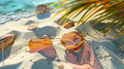 Embrace the summer spirit with sunglasses on the beach, where sand and sunshine meet. AI generative. photo