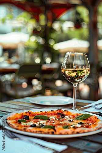 pizza and wine in the garden. selective focus.