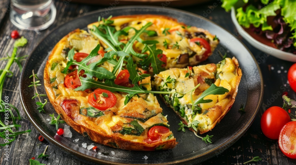 A rustic plate of Italian frittata packed with cheese, herbs, and vegetables A rustic plate of Italian frittata packed with cheese, herbs, and vegetables