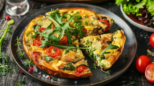A rustic plate of Italian frittata packed with cheese, herbs, and vegetables