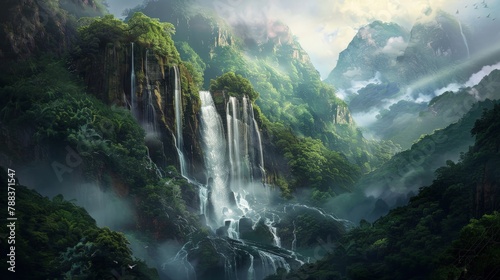 A stunning waterfall cascading down rugged cliffs  enveloped in a veil of mist and lush greenery