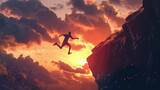 Silhouette Man jumping from one mountain cliff to another mountain cliff in the sky background. Сoncept of moving.