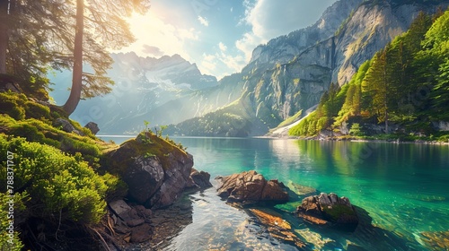Fantastic views of the turquoise Lake Obersee under sunlight. Dramatic and picturesque scene. Location famous resort: Nafels, Mt. Brunnelistock, Swiss Alps. Europe. Artistic picture. Beauty world