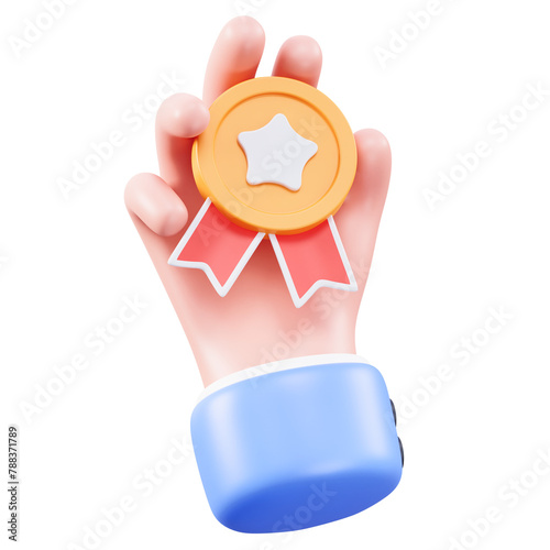 3D Rendered Hand Holding Gold Medal with Red Ribbon (ID: 788371789)