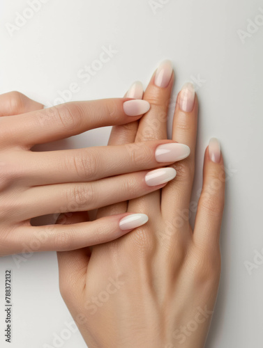 Discover the graceful simplicity of a woman's white fingers in a top view shot against a clean white backdrop, with AI generative technology highlighting their serene elegance.