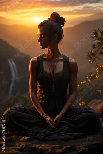 A young woman practicing yoga at sunrise in a serene outdoor setting. © tynza