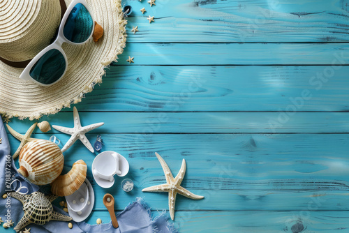 Explore a surreal beach scene with meticulously crafted accessories on a blue wooden background, infused with Daz3d style and Sanriocore influences. AI generative photo