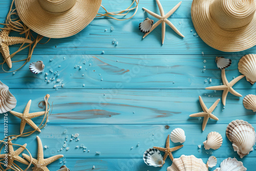 Embark on a visual journey to the beach, where meticulously detailed accessories adorn a blue wooden backdrop, echoing the aesthetics of Daz3d and Sanriocore. AI generative