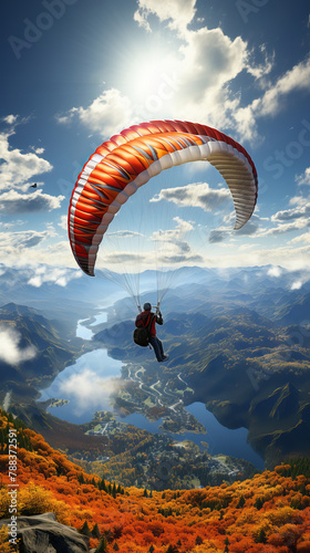 Paraglider soaring above coastal landscape.