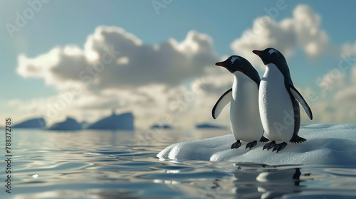 Discover the heartwarming scene of a penguin family on an Antarctic iceberg  illuminated by the sun. Created with AI generative