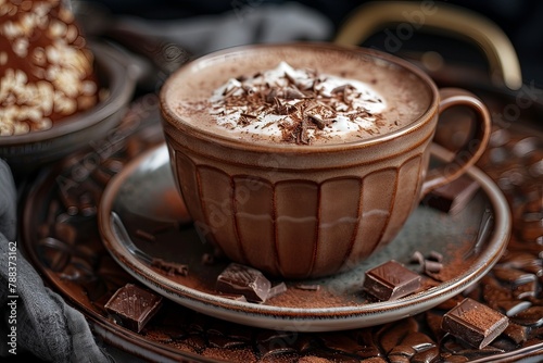 Cup of hot chocolate and pieces of chocolate on dark concrete background. ai generated