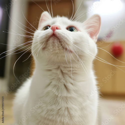 Captivate your audience with the innocent gaze of a white cat looking up longingly, its eyes reflecting a sense of longing and affection. Pure feline charm. AI generative.