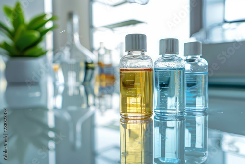 Unlock the mysteries of skincare chemistry with this captivating image of water and oil in modern lab equipment. Witness the intersection of science and beauty. AI generative.