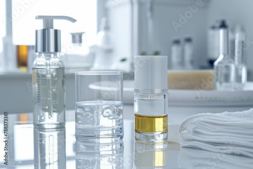 Discover the science behind skincare formulations with this close-up of water and oil samples in a modern lab. Witness the innovation driving the beauty industry forward. AI generative.