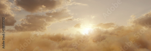 panoramic view to yellow fluffy clouds and evening sky. 3D Rendering