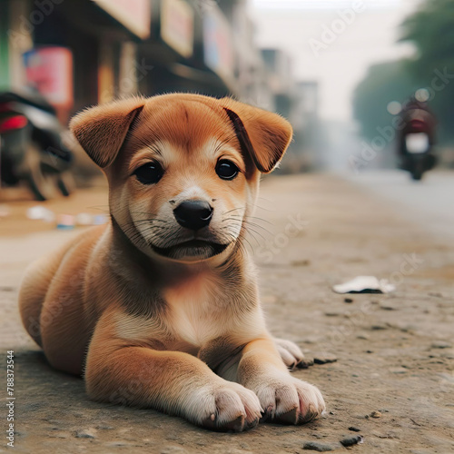 Street puppy lying on the road in Asia