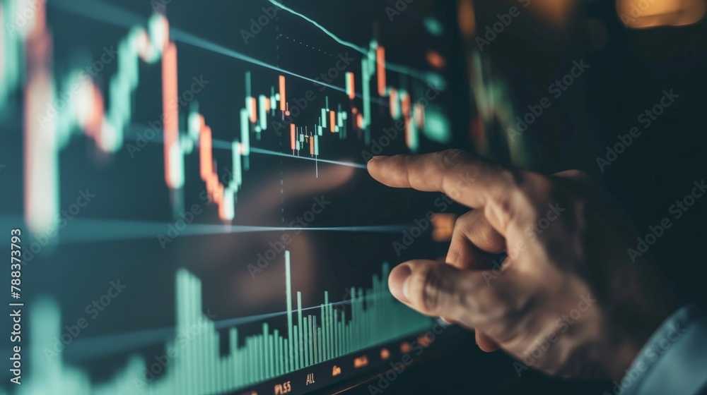 Close-up of a businessman's hand pointing to a bullish stock trend on a graph Close-up of a businessman's hand pointing to a bullish stock trend on a graph