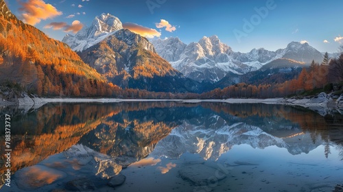 Jasna lake with beautiful reflections of the mountains. Triglav National Park, Slovenia photo