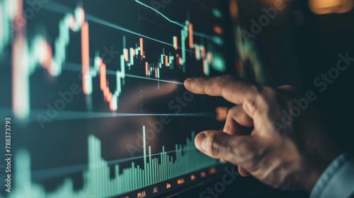 Close-up of a businessman's hand pointing to a bullish stock trend on a graph