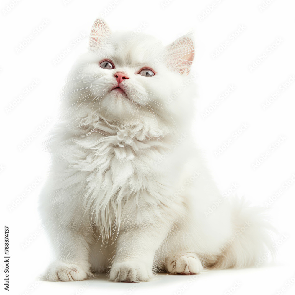 Transform your projects with this serene photograph of a white Persian cat, exuding elegance as it sits upright with a smile. Explore AI generative technologies for innovative visuals.