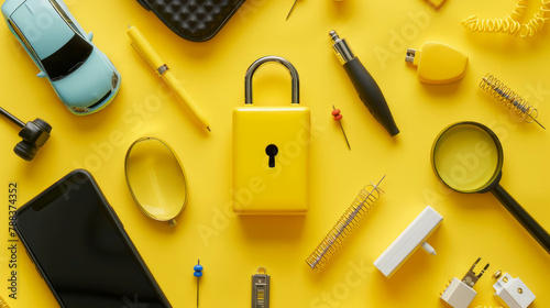 Elevate your designs with this composition of a yellow lock and assorted objects on a yellow surface. Unlock AI generative technologies for creative inspiration. photo