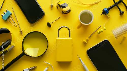 Transform your projects with this vibrant photograph showcasing a yellow lock and objects laid out on a yellow background. Explore AI generative concepts for innovative visuals. photo