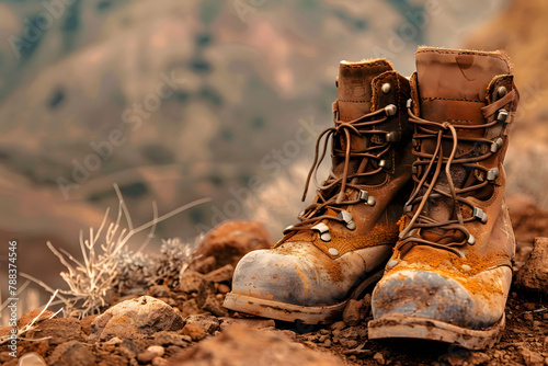 A pair of worn leather hiking boots, isolated on a rugged trail brown background, hinting at mountains conquered and journeys taken © Studio Vision