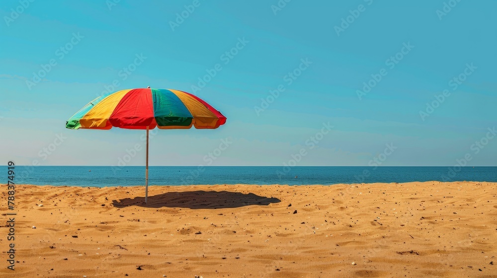 colorful beach umbrella casting a shadow on golden sand under a clear blue sky