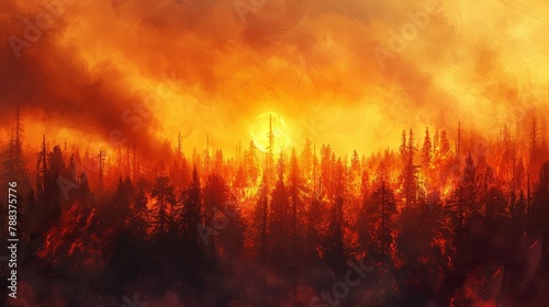 Fiery sunset over a forest engulfed in flames, serving as a poignant reminder of nature's untamed spirit