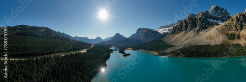 Incredible Panoramic aerial view of Bow Lake with the reflection of the mountains.