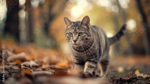 Tabby cat walking in the autumn forest with fallen leaves  shallow depth of field