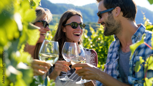 Eco tourists enjoying wine on a vineyard