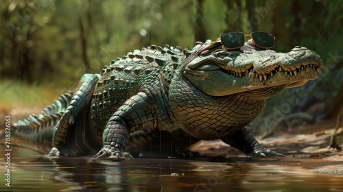 Crocodile in the rainforest with sunglasses and reflection in water