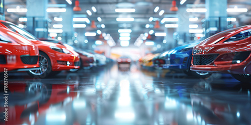 Several blur cars neatly parked in a row inside a garage with blur background