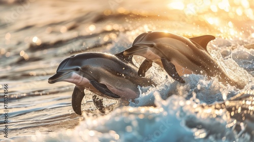 Group of dolphins frolicking in the surf, their playful antics capturing the joy of ocean life © chanidapa