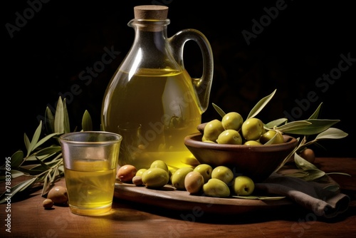 Refreshing Olive oil bottle virgin. Ripe extra food. Generate Ai