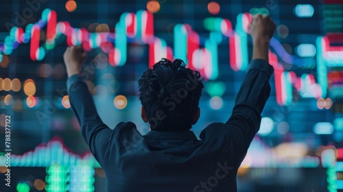 investor celebrating with arms raised as stock prices soar on a graph