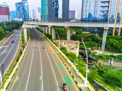 An aerial view of LRT track above on Kuningan Street, Jakarta.