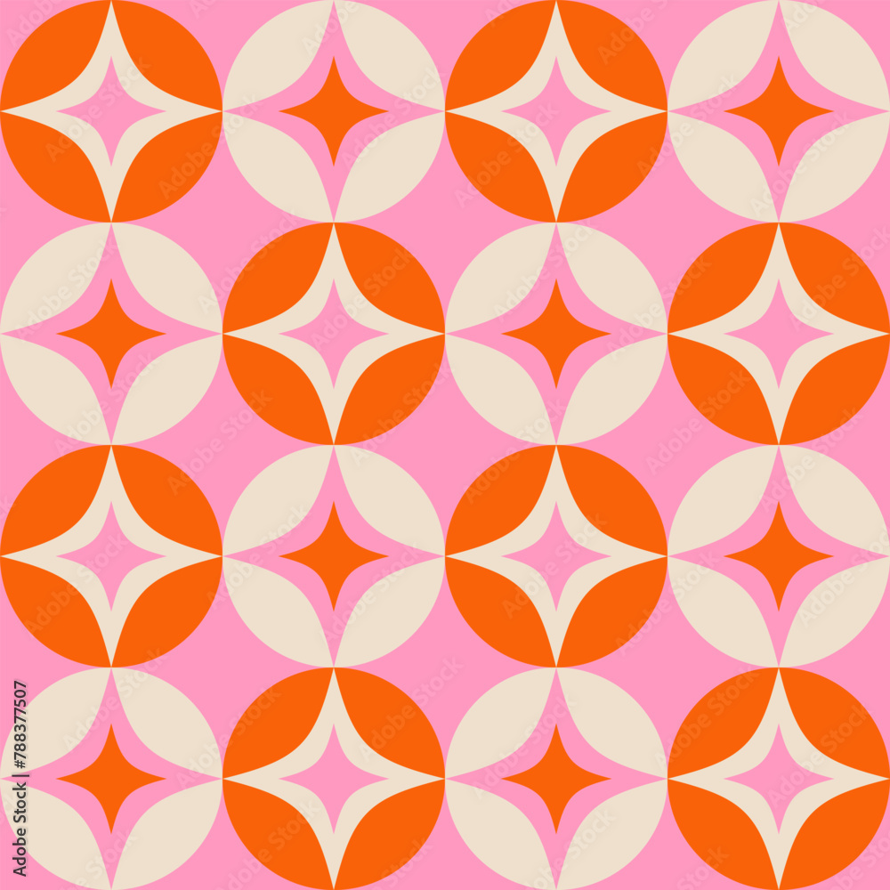 Retro mid century seamless pattern with stars and circles. Atomic age geometric seamless pattern repeat with pink and red shapes. Retro mid century seamless pattern with stars and circles. Atomic age geometric seamless pattern repeat with pink and red shapes.