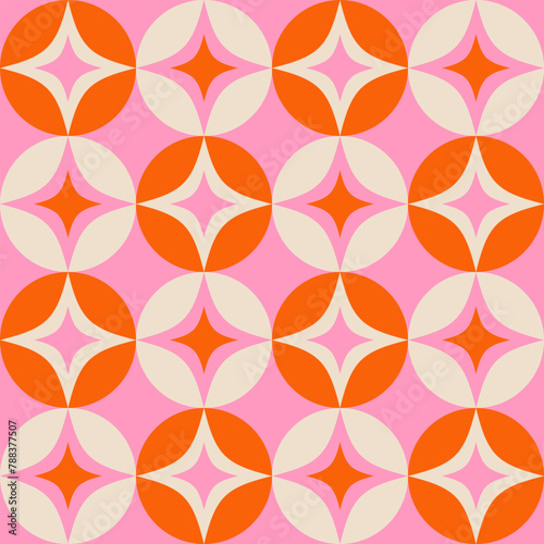 Retro mid century seamless pattern with stars and circles. Atomic age geometric seamless pattern repeat with pink and red shapes.