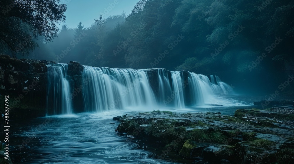 Fototapeta premium Long exposure shot of a waterfall at twilight, transforming flowing water into a dreamy, ethereal cascade