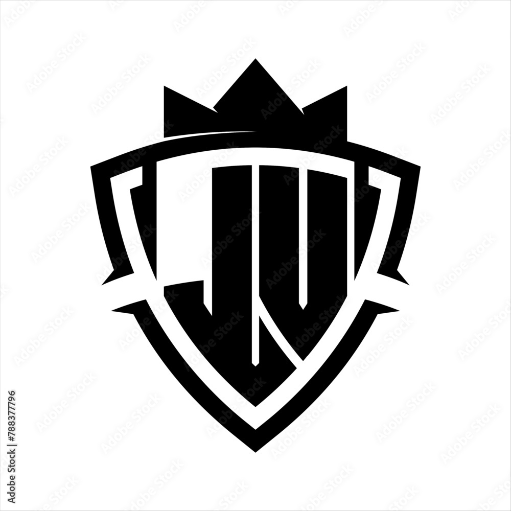 JV Letter bold monogram triangle curve shield shape with crown black and white background color design JV Letter bold monogram triangle curve shield shape with crown black and white background color design