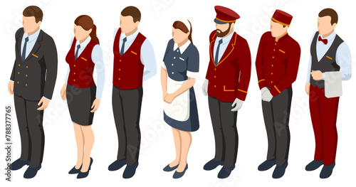 Isometric Hotel Services Receptionist Baker and Waiter, Cleaners and Porter, Hospitality Workers, Hotel Restaurant Team. People in Uniform. Service staff's recent characters