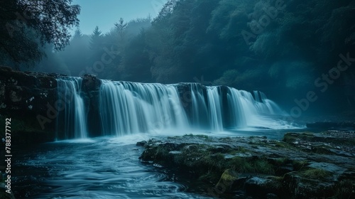Long exposure shot of a waterfall at twilight, transforming flowing water into a dreamy, ethereal cascade