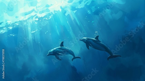 Majestic dolphins gracefully gliding through a vast expanse of blue, embodying the spirit of the sea © chanidapa