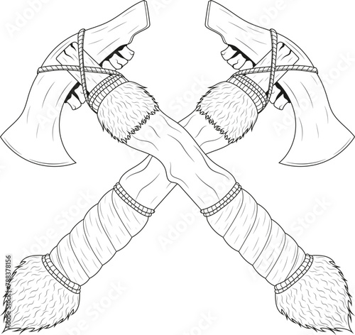 Tomahawk crossed sketch engraving vector illustration. Black and white hand drawn image.	