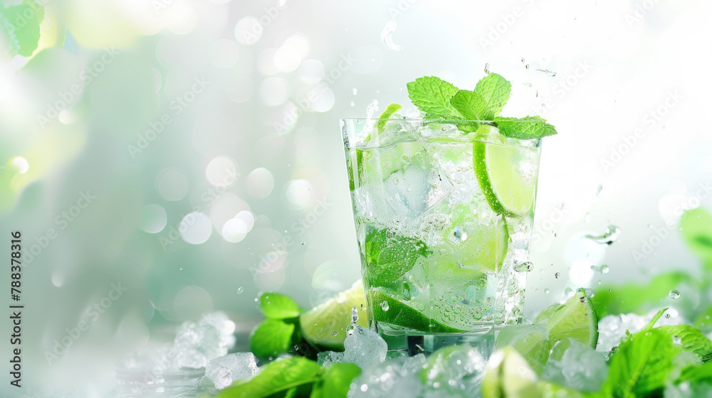 Classic Mojito cocktail with splash on bright background Classic Mojito cocktail with splash on bright background