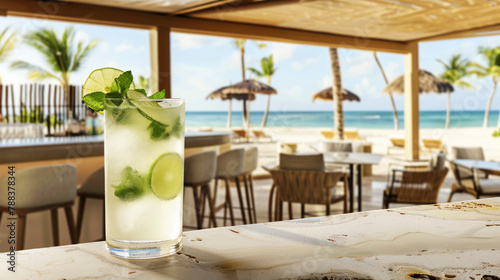 Mojito cocktail on bar counter, seaside resort
