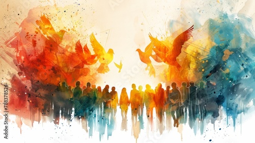 Vibrant Watercolor Painting of People and Birds in Abstract Expression photo